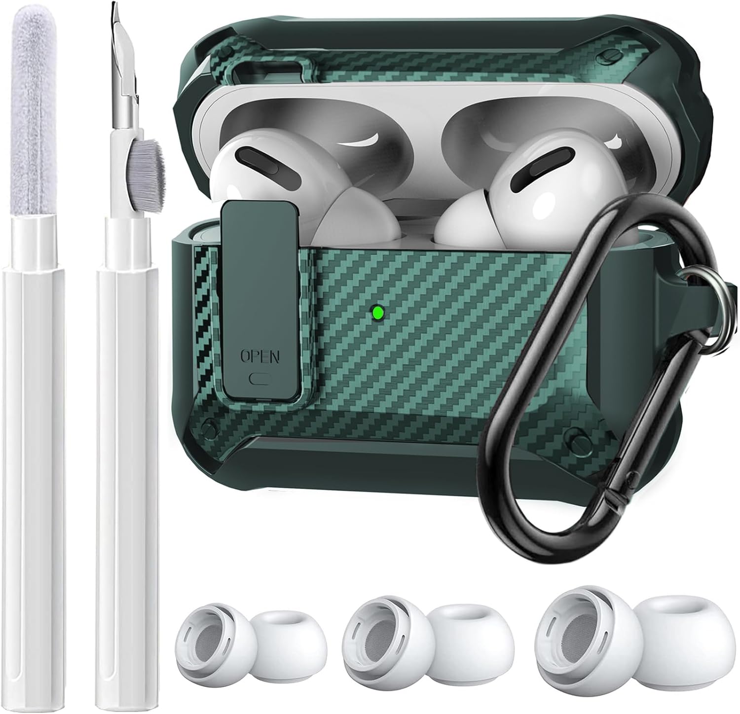 AirPods Pro 2/1 Case Lock with Cleaner Kit & Replacement Ear Tips (S/M/L), Rugged Protective Cover for iPod Pro (2023/2022/2019) with Keychain, Army Green - Image 8
