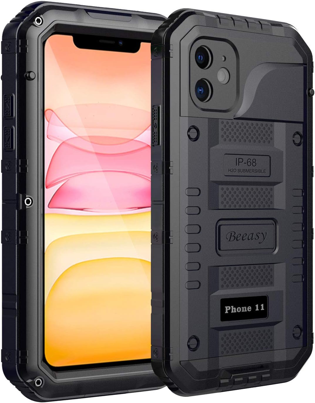 Beeasy Case Compatible with iPhone 11 Black, Waterproof Shockproof Tough Heavy Duty, Built-in Screen Protector 360 Degree Full Body Military Protective, Metal Rugged Cover for Outdoor Sport