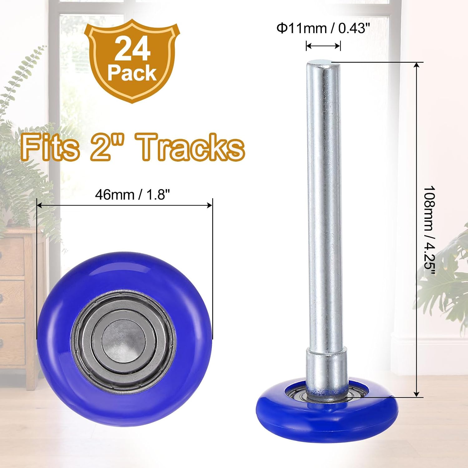 HARFINGTON 24pcs Garage Door Rollers, 2" Nylon Roller for 2" Garage Track, 4.25" Stem, 8 Balls Sealed Bearing, for Commercial and Residential Garage Doors, Blue