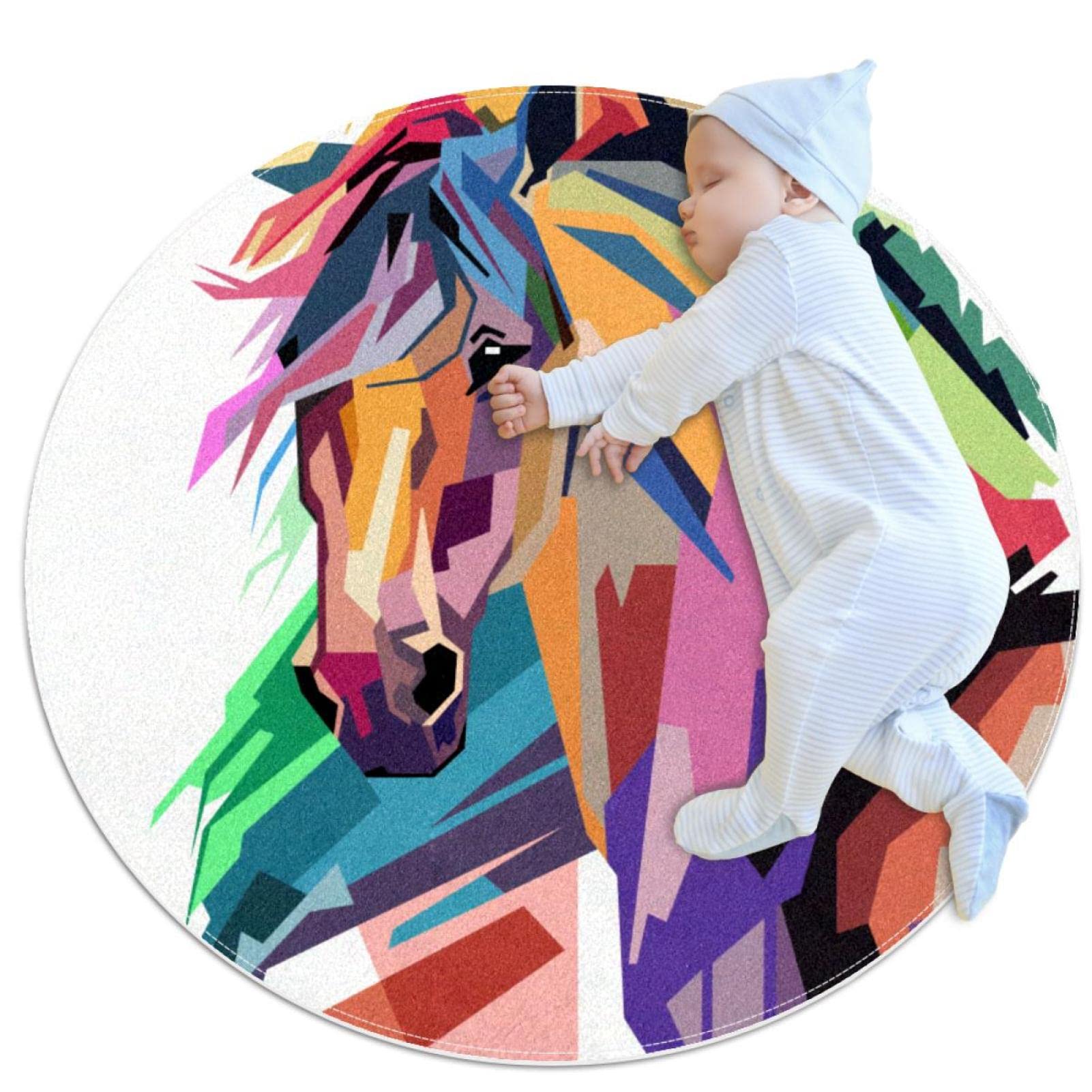 Alfombra redonda para niños de 80x80cm con suave textura y estampado animal de caballo