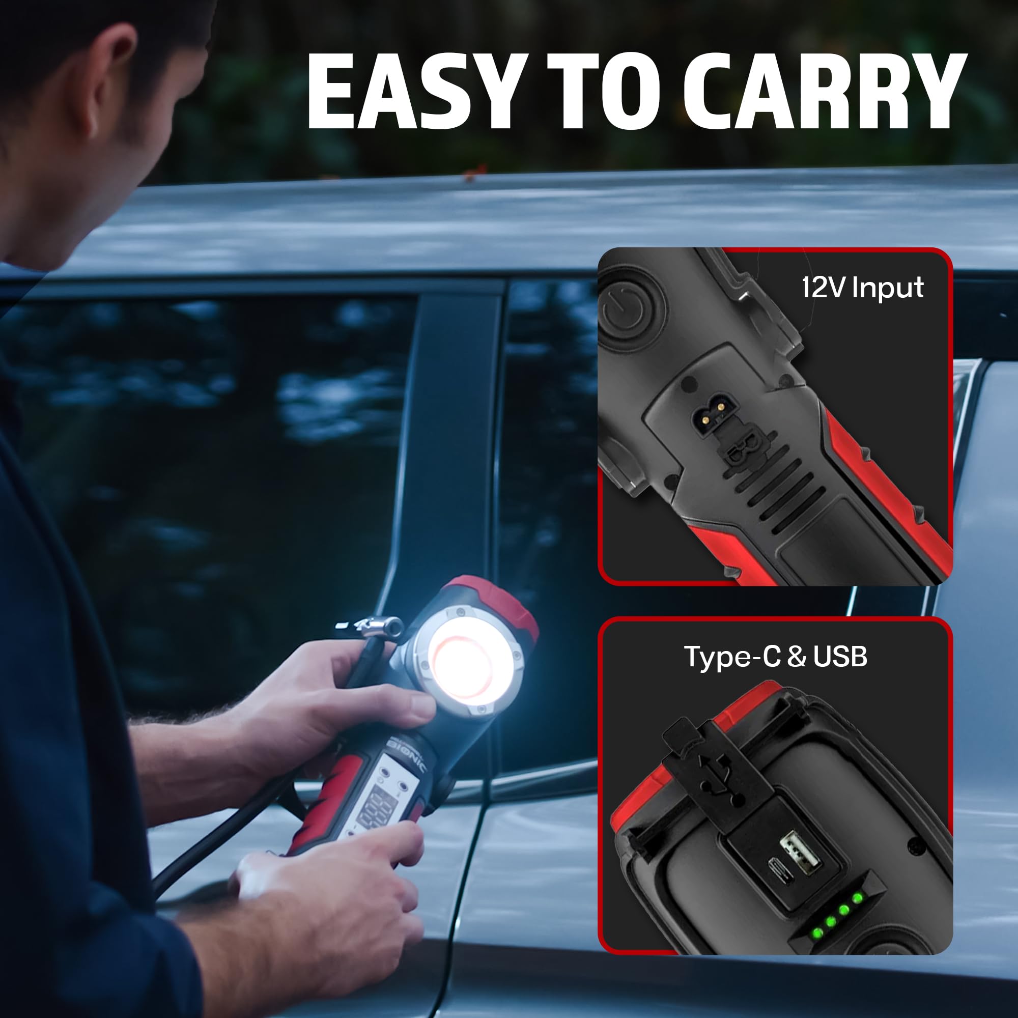 BIONIC RESCUE - Compressore d'aria portatile con luce da lavoro e rompi finestre, pompa ad aria da 1500 mAh con manometro, luce da lavoro a LED, luci di emergenza per veicoli, ricaricabile (150 PSI)