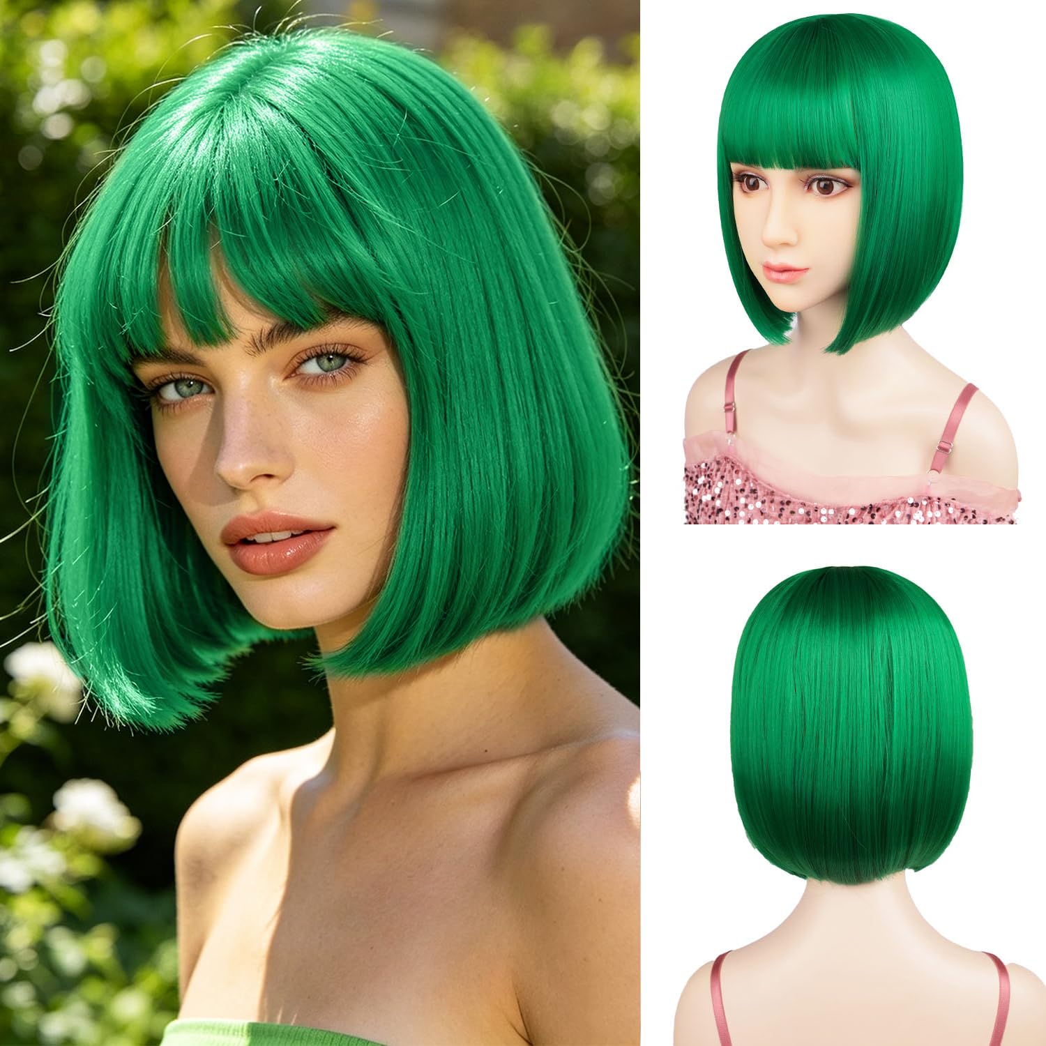 Amazon.com : Sarannala Green Bob Wig with Flat Bangs Include Wig