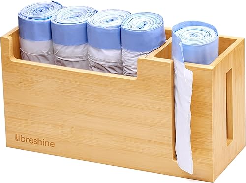 Miniatura 12 de Dispensador doble de bambú para bolsas de basura, montaje en pared o armario para cocina, despensa, lavandería, capacidad para 2 rollos estándar