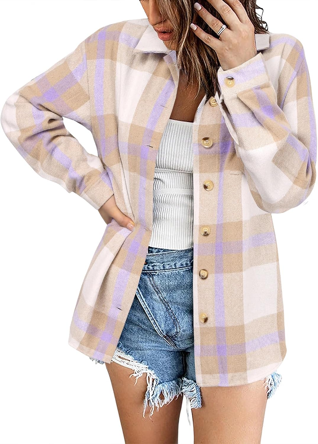 Zeagoo Women Flannel Shacket Jacket Plaid Button Down Long Sleeve Shirt Fall Outfits 2025