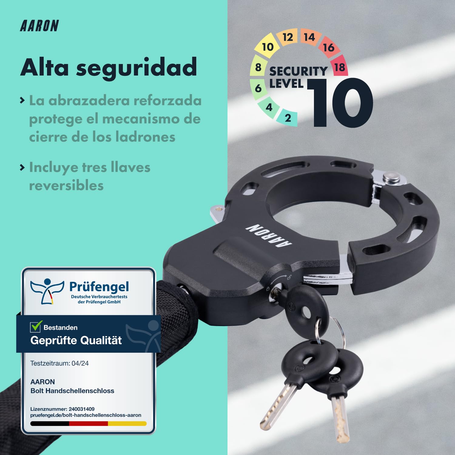 AARON Candado de esposas para patinete eléctrico, diseño de alta seguridad, candado flexible con cadena de acero, resistente y protección contra arañazos (negro)