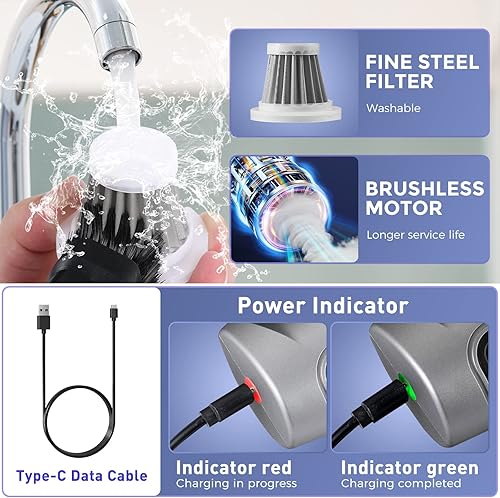 Miniatura 5 de Saker Aspiradora de mano para automóvil, mini aspiradora inalámbrica 3 en 1, motor multifuncional sin escobillas 12000 PA con USB-C, aspiradora