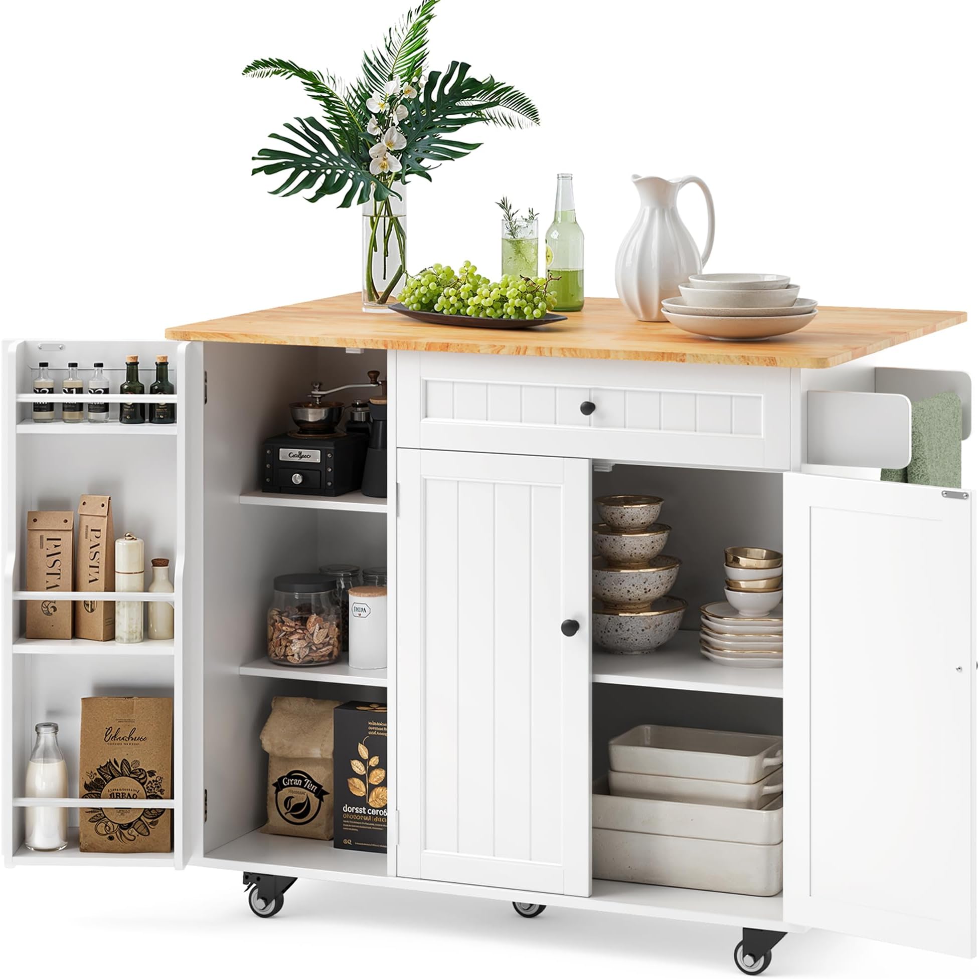 - Kitchen Island with Storage, Island Table for Kitchen with Drop Leaf, 5 Wheels, Interal Storage Rack, a Drawer, Spicy Rack and Towel Bar, Sufficient Countertop Space and Storage, White