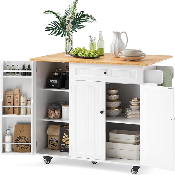 Ahomly Kitchen Island with Drop Leaf and Storage