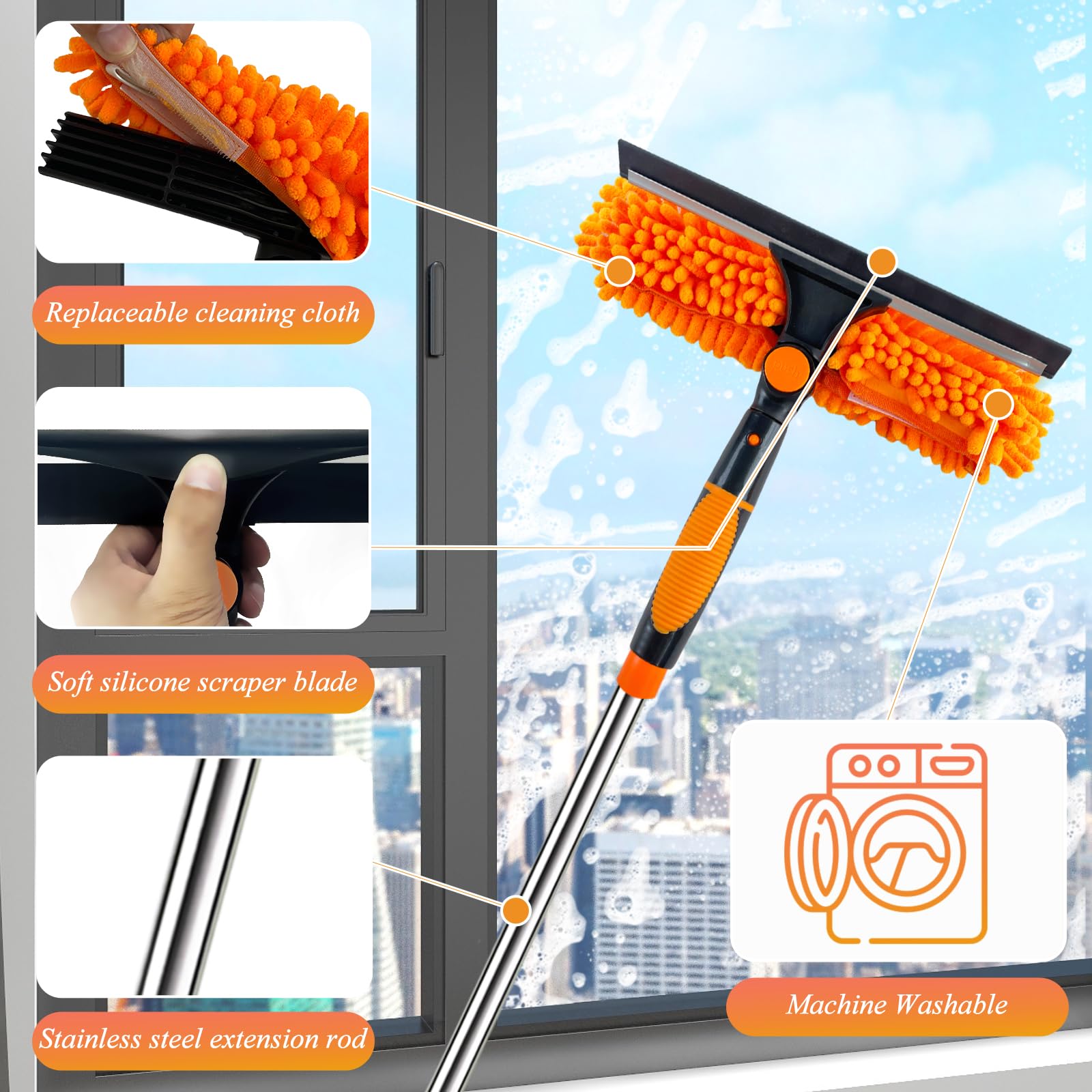 4,5m RéGlable Lave Vitre Telescopique, Raclette Vitre Telescopique Avec Balai En Silicone Et Brosse En Microfibre, Professionnel Kit Nettoyage Vitre Pour Le Nettoyage Des Vitres
