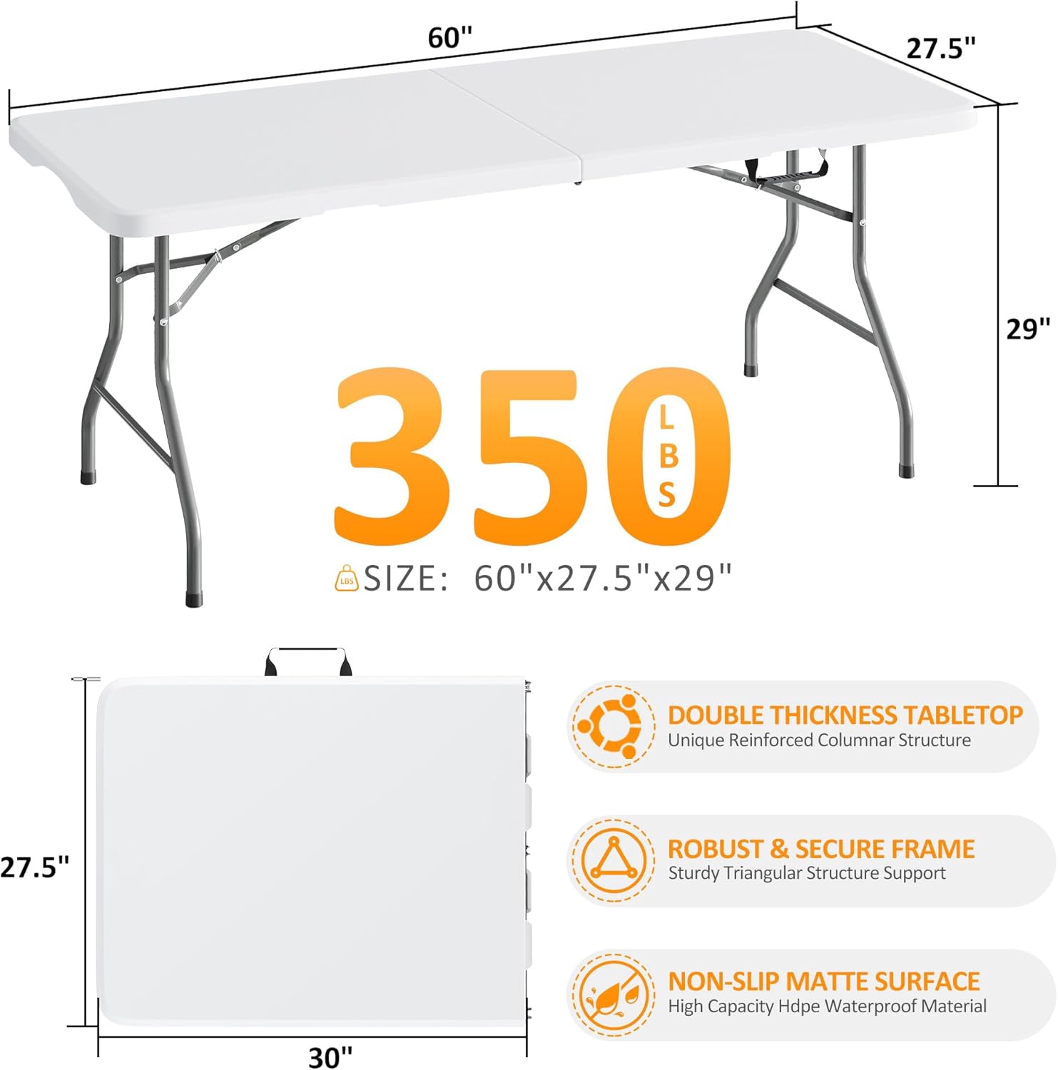 Fenbeli 5 Foot Folding Table Heavy Duty 350 LBS, Fold-in-Half Portable Table with 18% Thicker HDPE Top for Craft Fair, Vendor Booth, Camping, Party — Seats 4-6, Indoor Outdoor