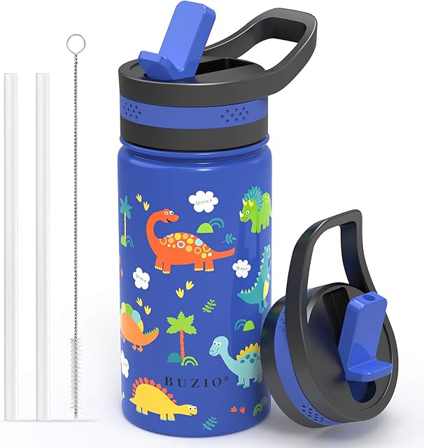 BUZIO Vacuum Insulated Stainless Steel Water Bottle for Kids(Cold for 48 Hrs/Hot for 24 Hrs), 400ml Double Walled Wide Mouth Sports Drink Flask with BPA Free Straw Lid and Flex Cap
