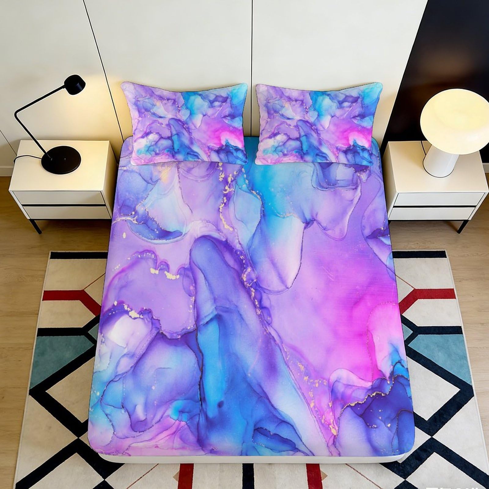 3D Printed Watercolor Marble Fitted Sheet Microfiber Soft Breathable Abstract Ink Mattress Cover Bedroom Decor 180x200x25cm
