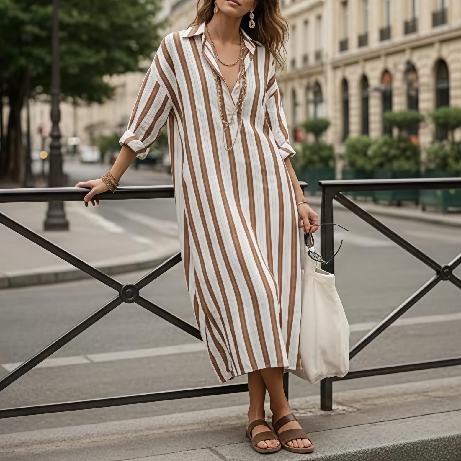 Vestido Camisero Maxi a Rayas para Mujer | Verano | Manga Larga | Corte Holgado y Oversize | Cuello en V | Estilo Casual y Fluido | Abotonado | Kaftán