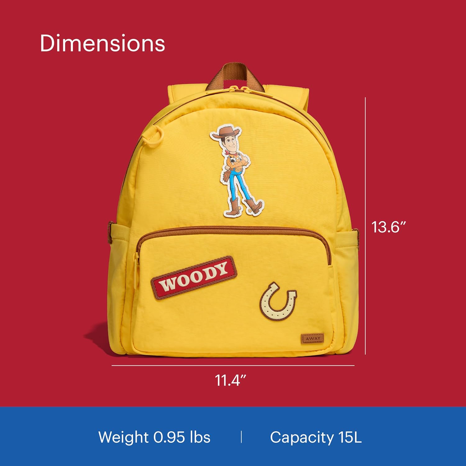 Away Toy Story 5 Kids Backpack - Airline-Approved Personal Item Backpack with Tech Sleeve, Water Bottle Pockets, Interior and Exterior Pockets - Woody Yellow
