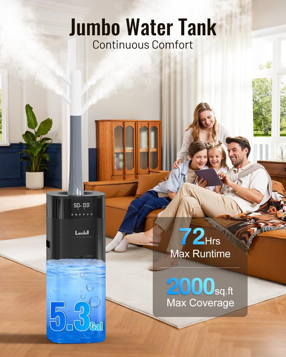Cool and Warm Mist Humidifier Large Room, 5.3Gal/20L Humidifiers for Home 2000 sq ft, Whole House Humidifiers with Diffuser Extended Tube, Air Humidifier for Bedroom Nursery Baby Plants Black