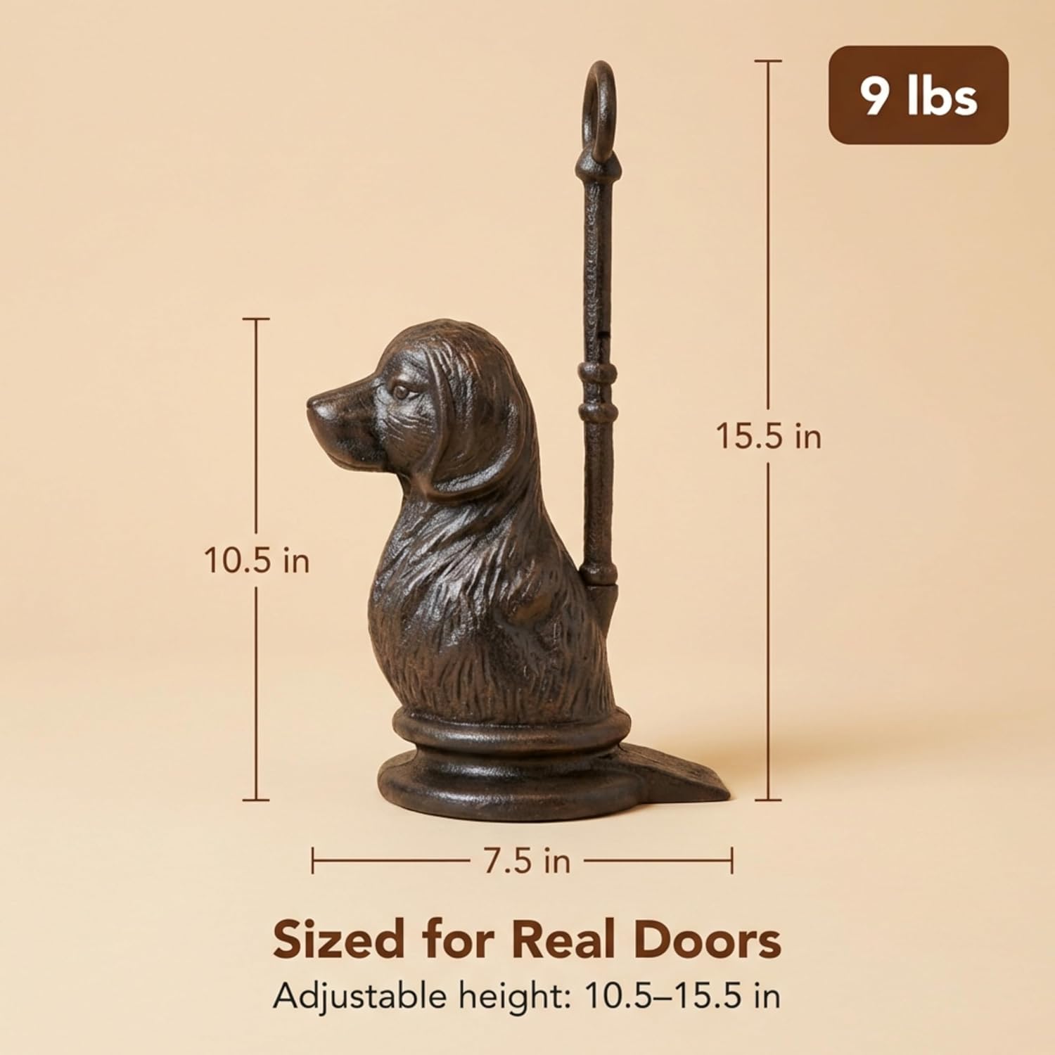 Lulu Decor, Cast Iron Dog Heavy Door Stopper with Adjustable Handle, Realistic Antique Brown Finish for Dog Lovers 9 lbs