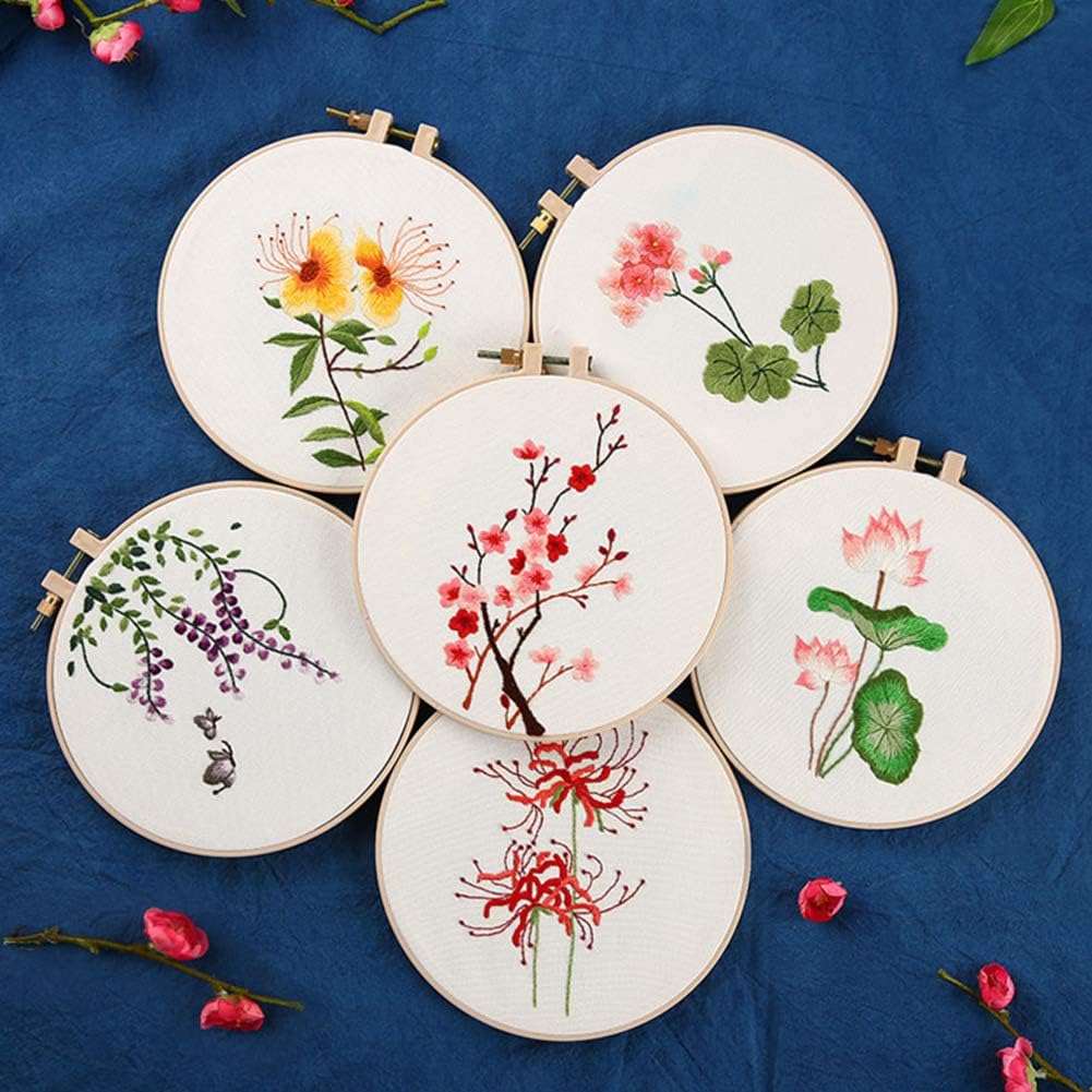Akacraft DIY Embroidery Starter Kit, Cotton Cloth with Stamped Pattern, 6 inch Plastic Hoop, Color Cross Stitch Threads Needle Point Project, Chinese Traditional Flowers Series-Equinox Flower