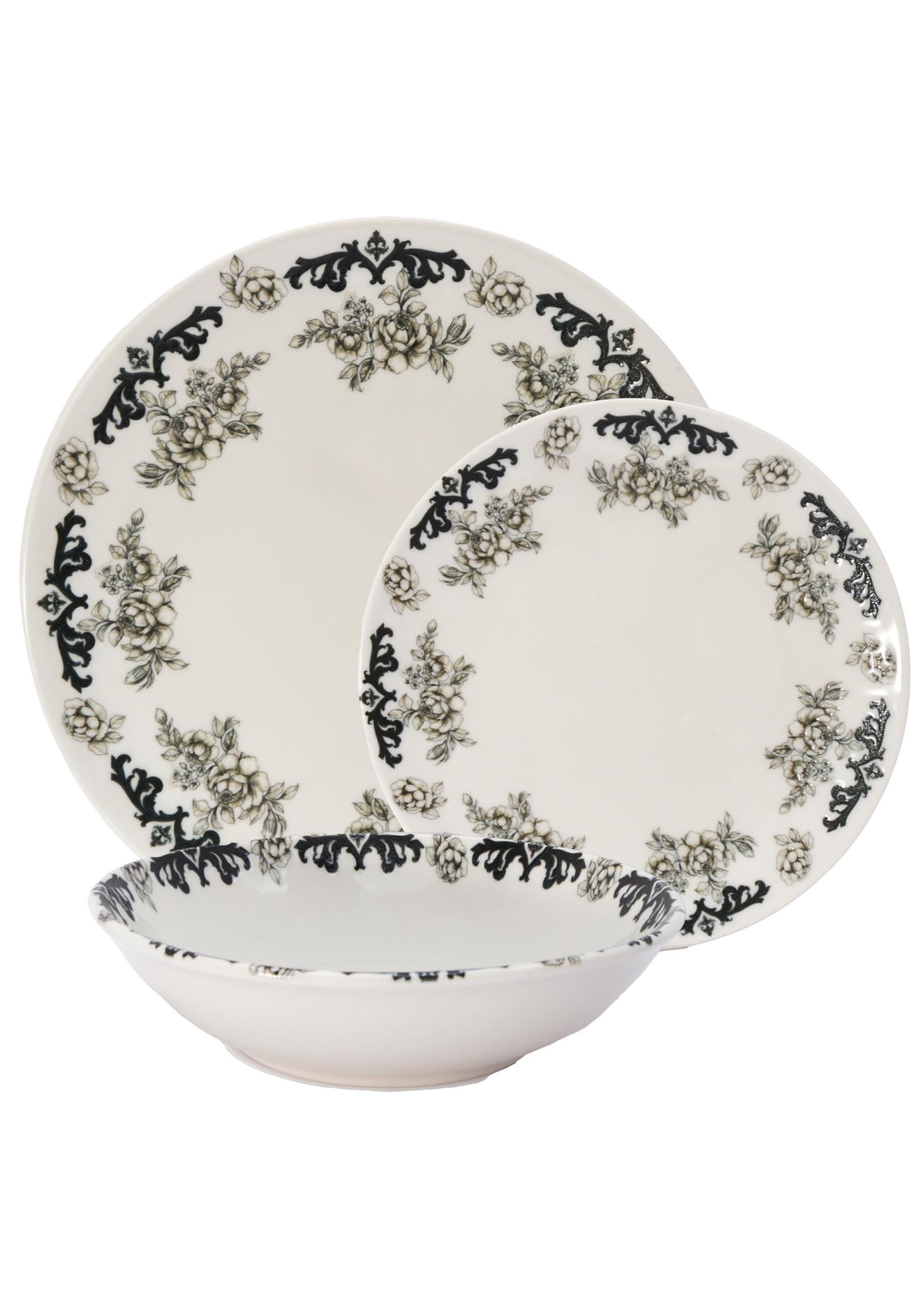 Set piatti ROSE BLACK | 18 pezzi floreali porcellana moderna per cene eleganti