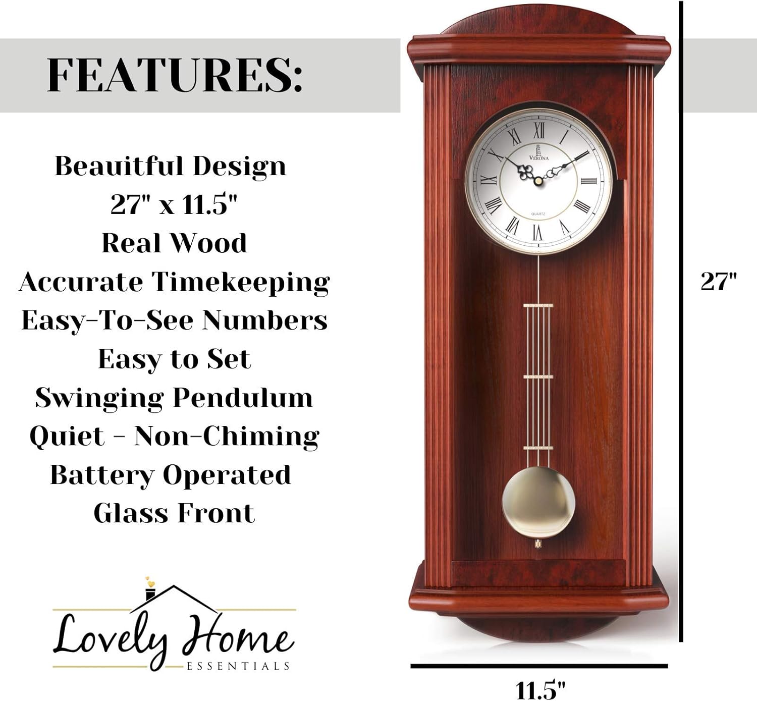 🛒 Crazy Deals Pendulum Wall Clock, Silent Decorative Wood Clock with Swinging Pendulum, Battery Operated, Large Red Wooden Design, for Living Room, Kitchen, Office & Home Décor, 26.75 x 11.5 inches