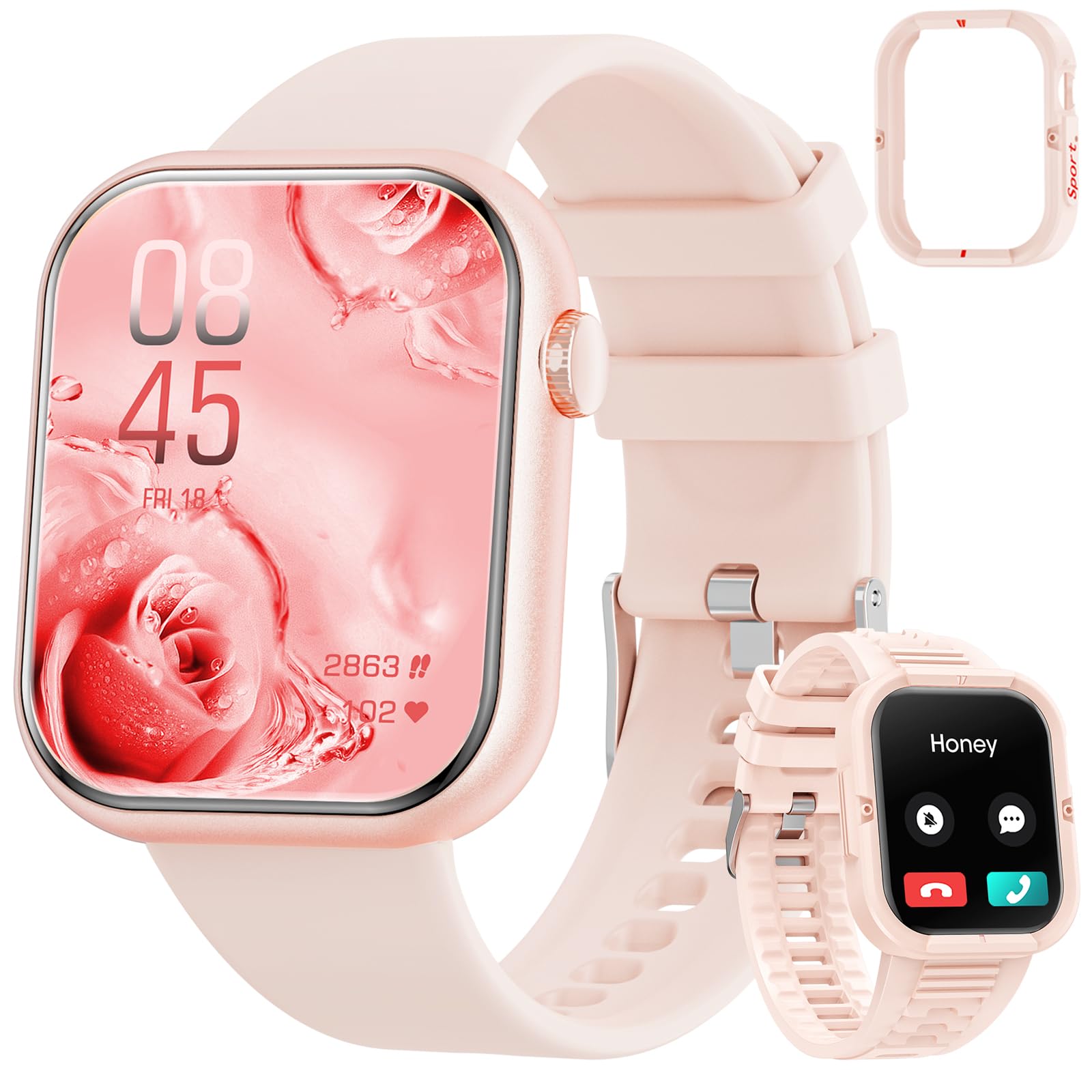 Hwagol Smart Watch for Men Women（Complimentary Protector Case/Sporty Band） Call and Notifications 1.85" Fitness Tracker Pedometer/Heart Rate/Sleep Monitor,Smartwatch for Android iPhone (Pink)