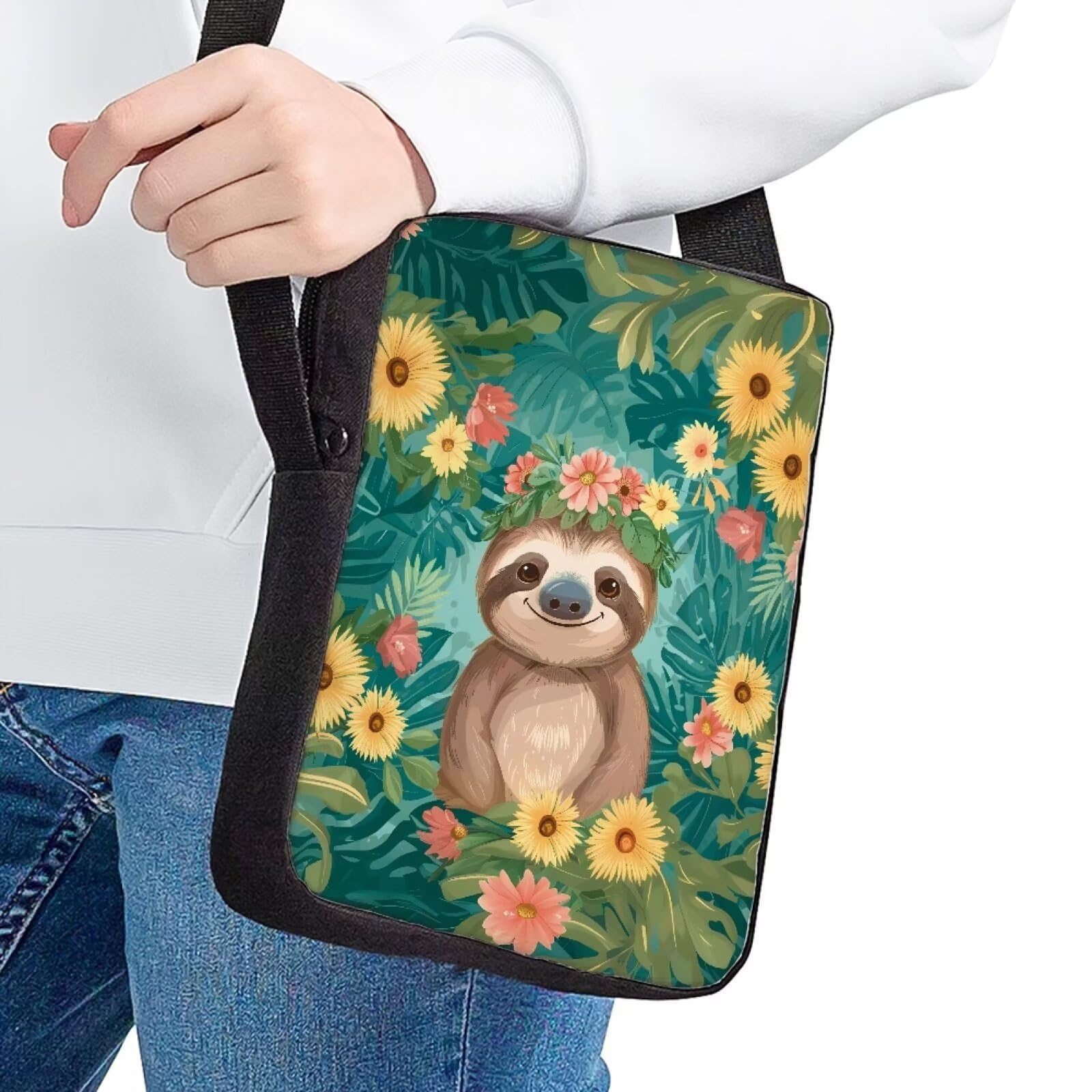 HUGS IDEA Funny Sloth Floral Mini Messneger Bag Shoulder Handbag Outer Travel Cross Body Bags Purse for Women