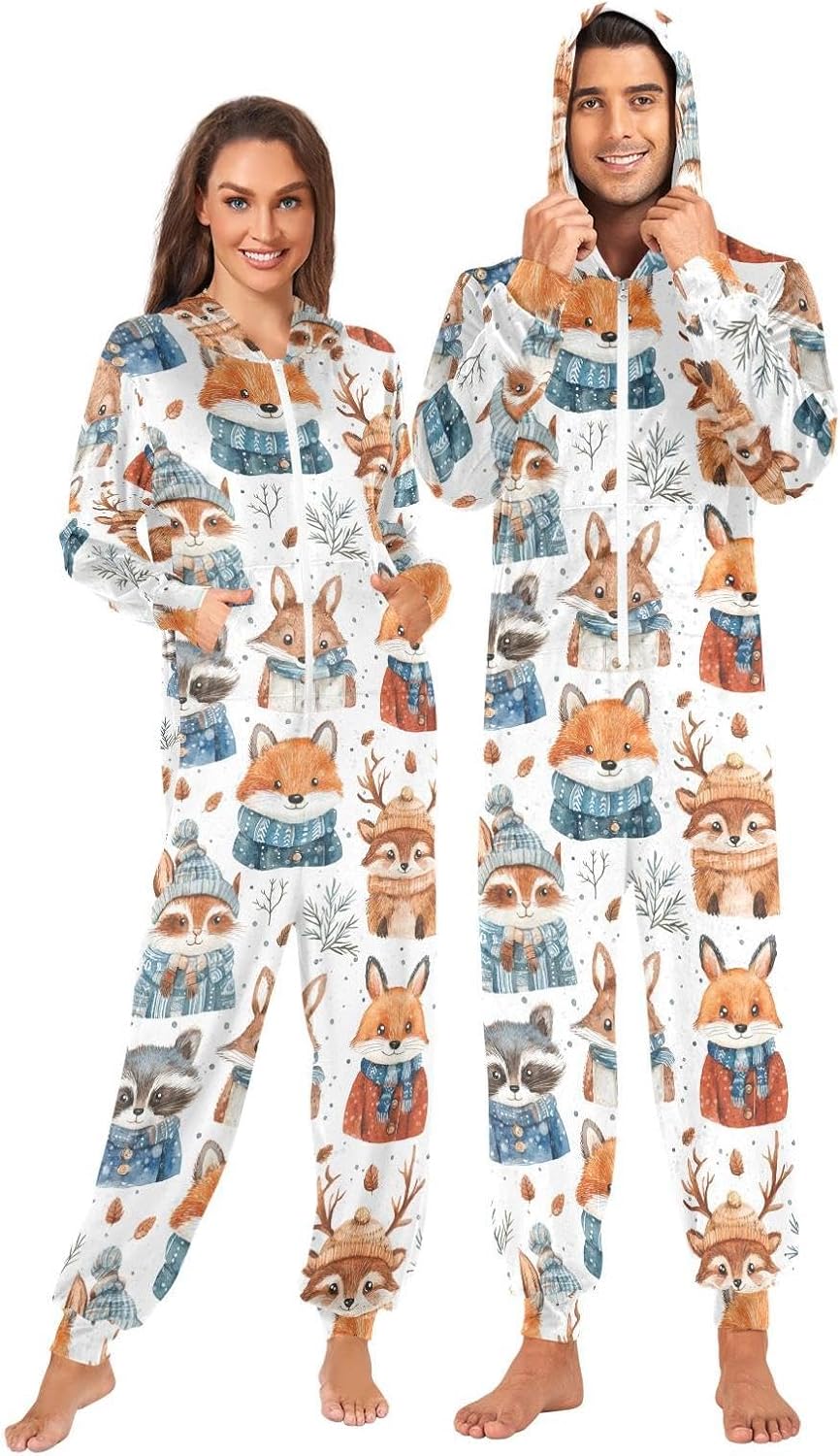 ZZKKO Winter Cute Animals Adult Onesie Pajamas for Women Men Cozy One Piece Pajamas Costume Zip-Up Hooded S-XL