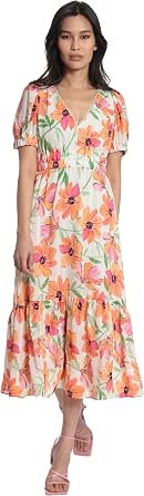Maggy London Women's V-Neck Midi Dress - Double Elastic Waist, Puff Sleeves & Tiered Hem (Printed Ribbon Stripe)