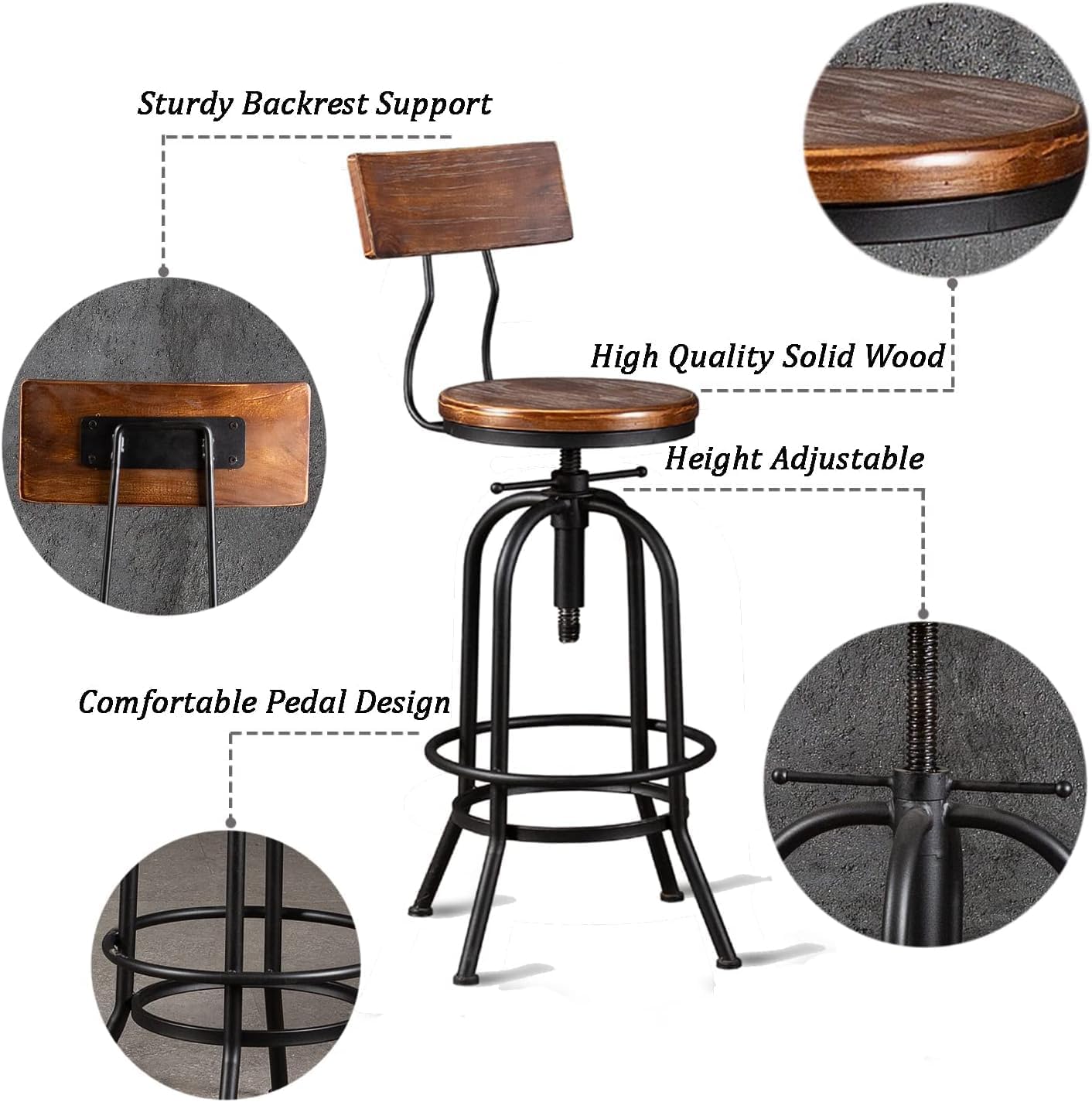 Diwhy 3 Piece Bar Set Industrial Style Adjustable Height Dia 19.7" Black Double Layer Bar Table and 2 Stools with Wood Backrest for Kitchen, Pub, Bistro