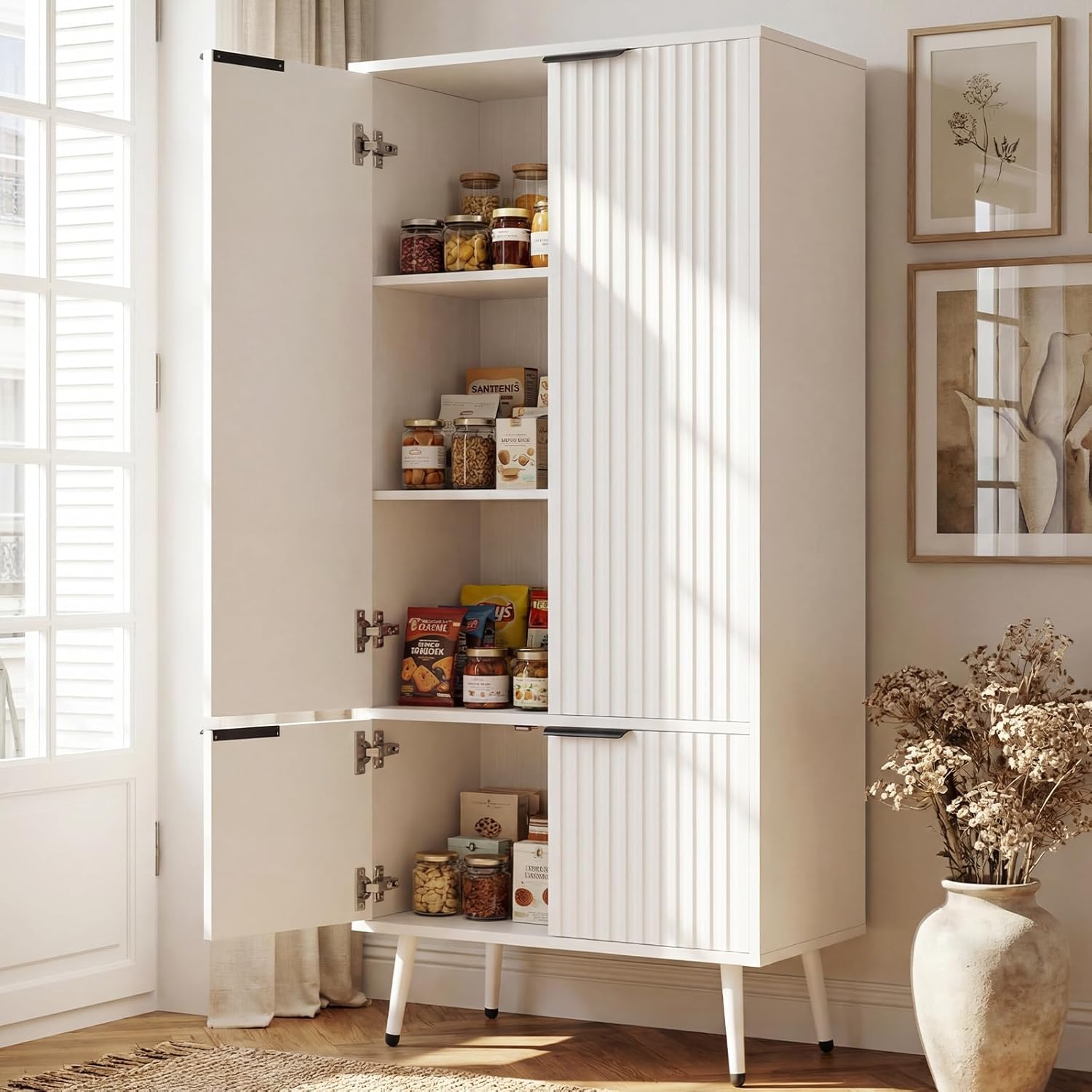 Foxemart White Fluted 51" Tall Storage Cabinet, 4 Door Sideboard with Adjustable Shelves, Modern Accent Cabinet for Living Room, Dining Room, Entryway, Kitchen, Laundry