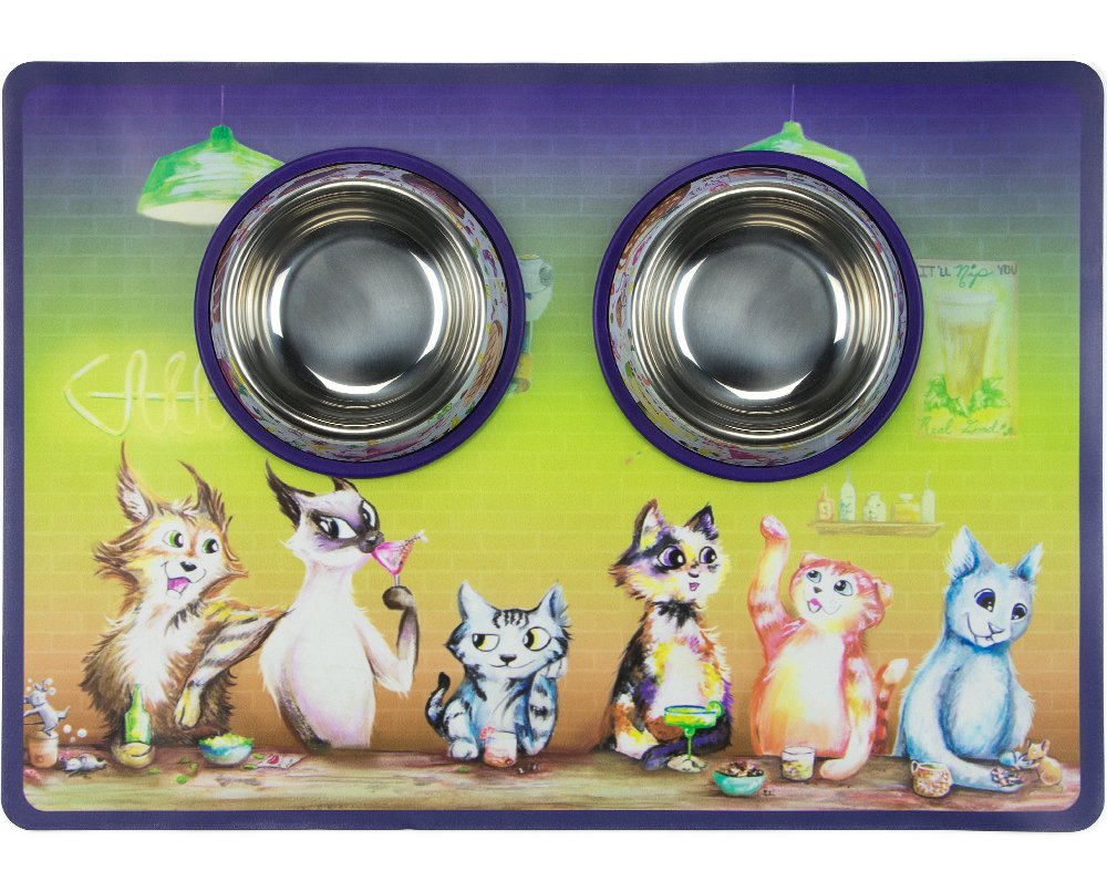 Weebo Pets3-in-1 Cat Food & Water Bowls with Mat Set - Cat Tales: The Regulars Premium 4 oz. Stainless Steel Dishes with Food-Grade Silicone Feeding/Litter Box Mat