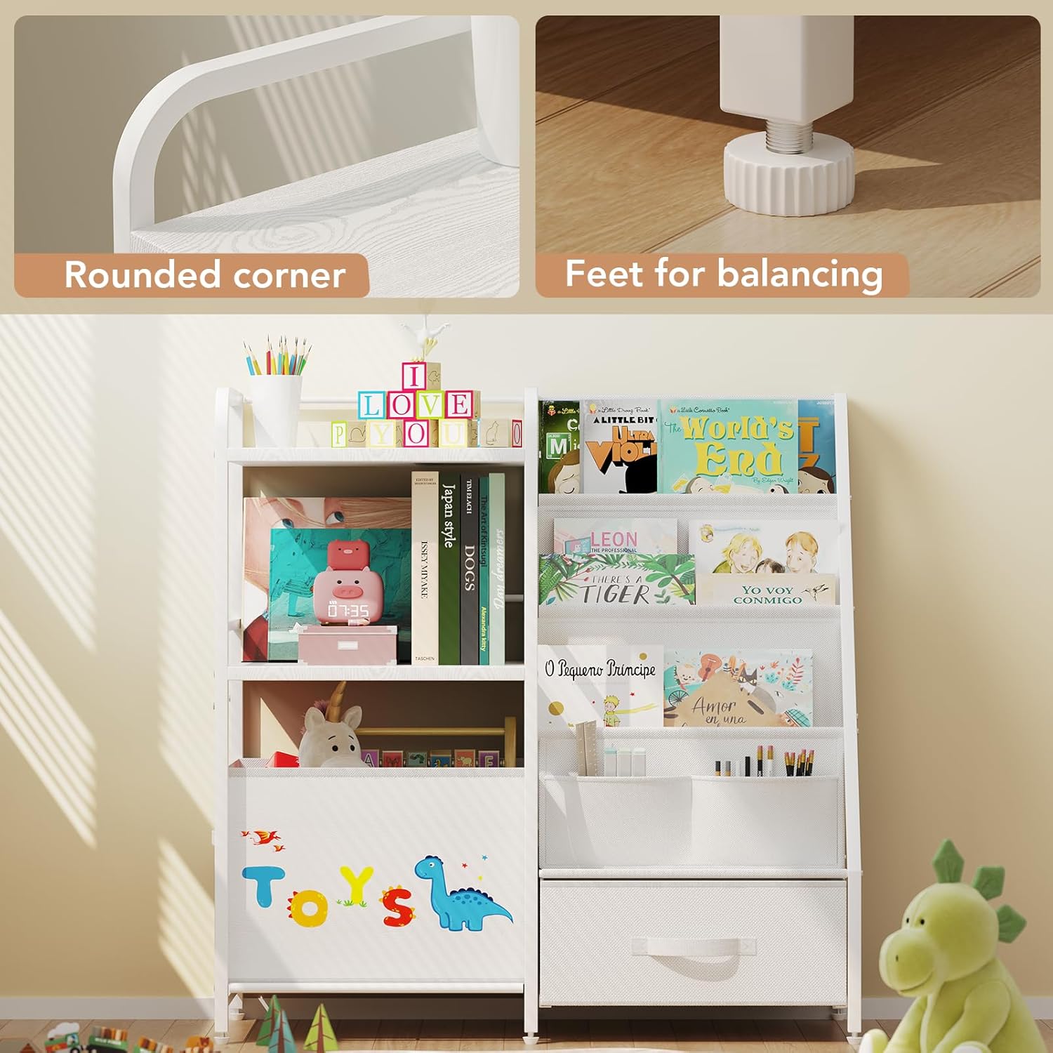 BBLIKE Kids Bookshelf and Toy Storage Organizer - 4 Tier Book Shelf with Movable Toy Box for Kids Rooms, Ideal Bookcase and Toy Organizer for Playroom, Bedroom, Nursery（White）