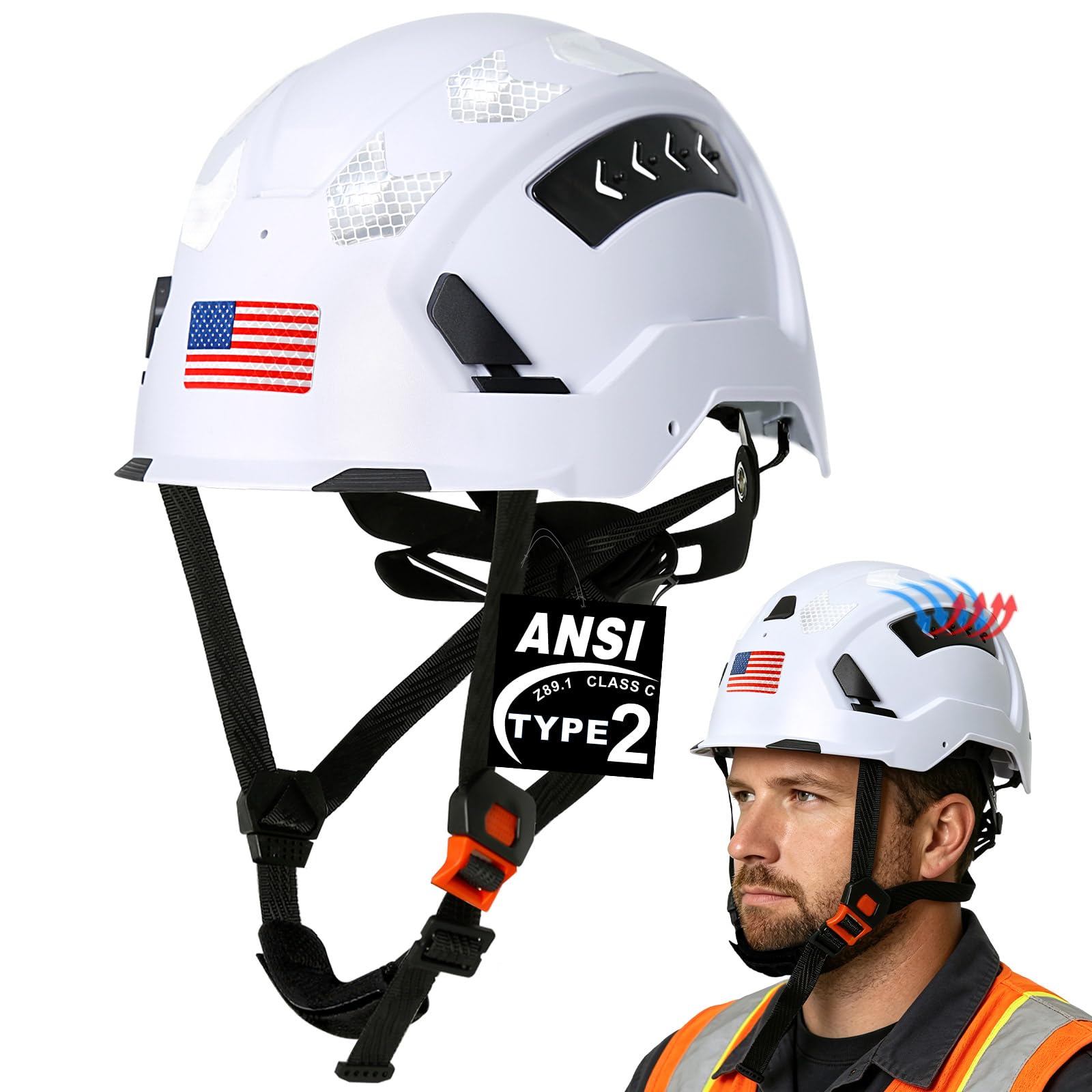 Aolamegs Type 2 Hard Hat with Chin Strap - ANSI Z89.1 Type II Class C OSHA Approved Construction Safety Helmet, EPS Foam Liner Vented Arborist Helmet for Constructor Ironworkers Workers
