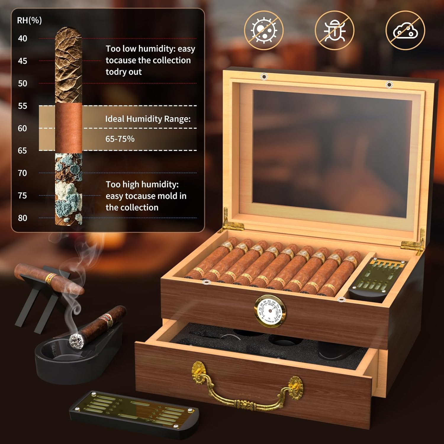 Spanish Cedar Cigar Humidor Box with Accessories and Humidifier - Glass Cover and Storage Drawer - Desktop Cigar Holder for Men - Portable Travel Case - Small Table Top Humidors for 20-50 Cigars