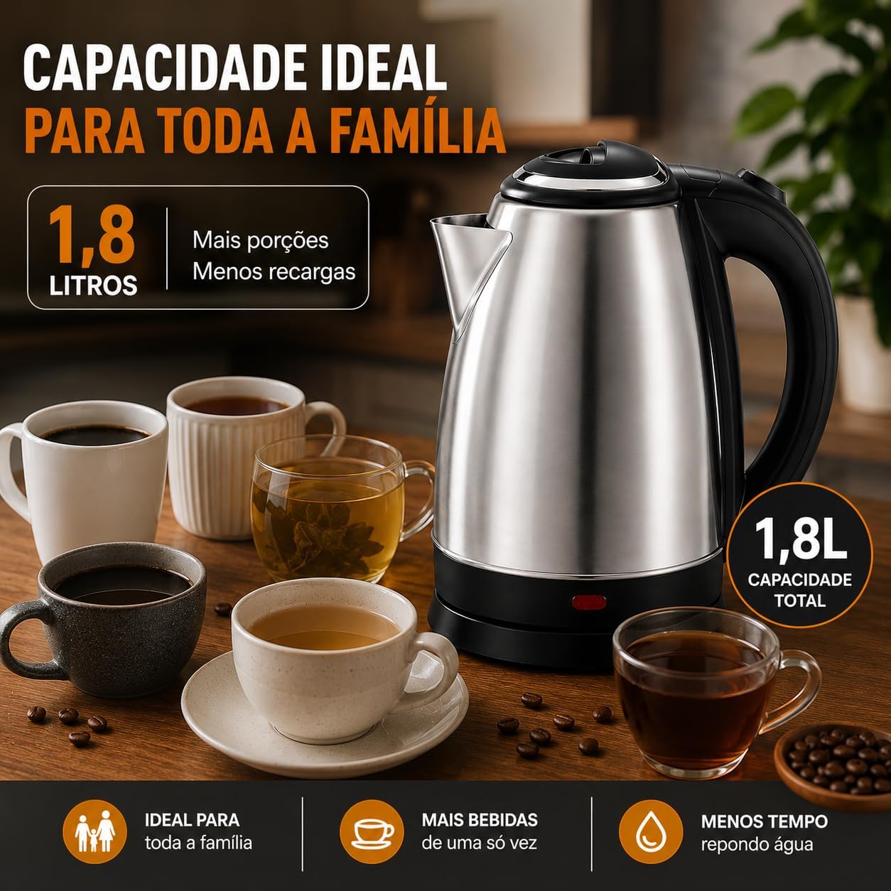 Chaleira Elétrica 2 Litros Inox Desligamento Automatico Cor Aço 220V Aquecimento Rápido Segura Café Chá Fácil Abertura Premium GT (220V)