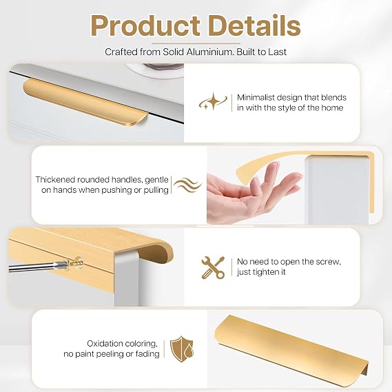 6 Pack Süblack Kitchen Handles Invisible Cabinet Handles 64mm Hole Centre, Flush Pull Handles for Kitchen Cabinets, Wardrobe Doors, Drawers(Matt Gold)