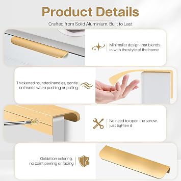 6 Pack Süblack Kitchen Handles Invisible Cabinet Handles 64mm Hole Centre, Flush Pull Handles for Kitchen Cabinets, Wardrobe Doors, Drawers(Matt Gold)