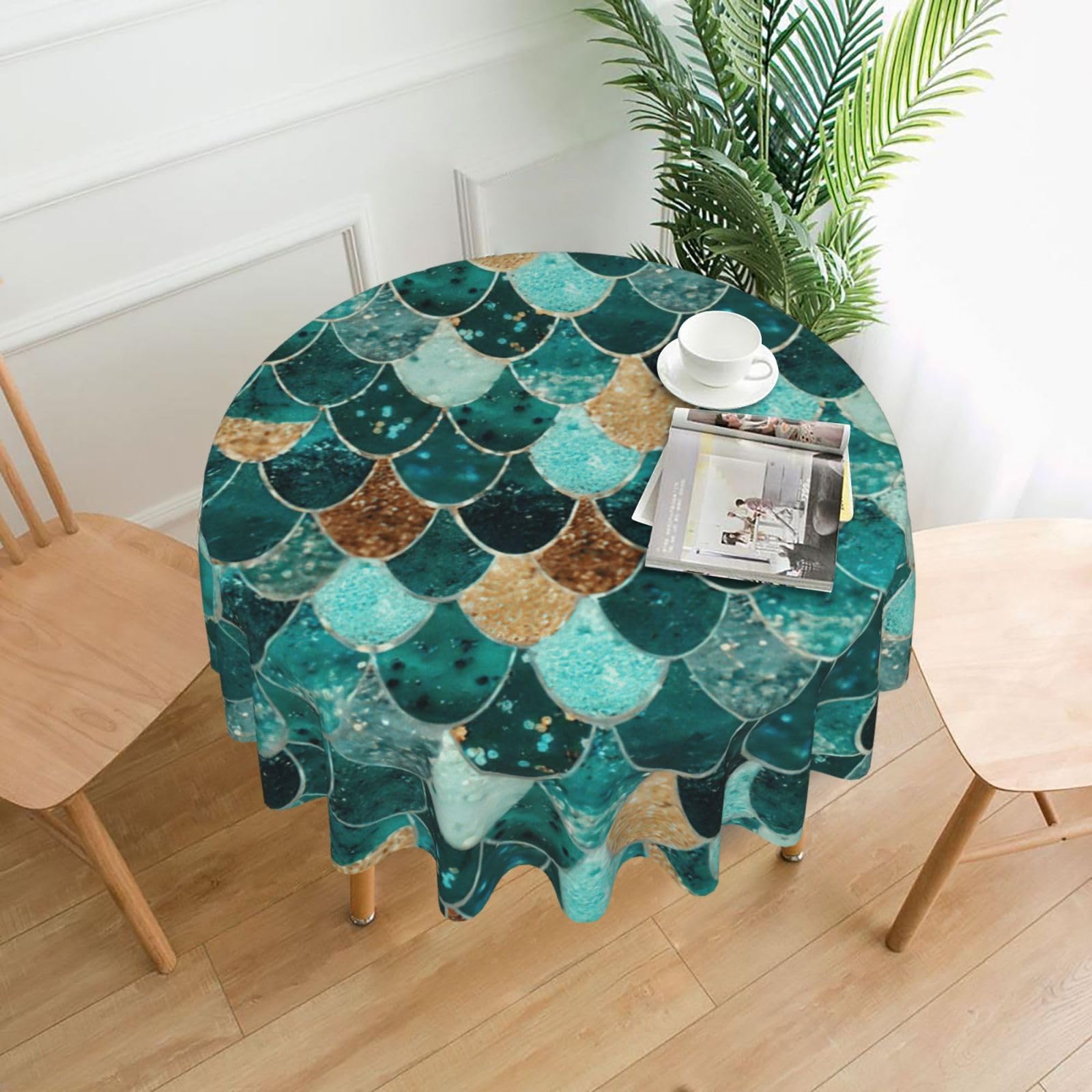Uusnwaa Mermaid Fish Scale Print Print Round Tablecloth 60 Inch, Stain Wrinkle Resistant Washable Polyester Table Cover For Kitchen Party