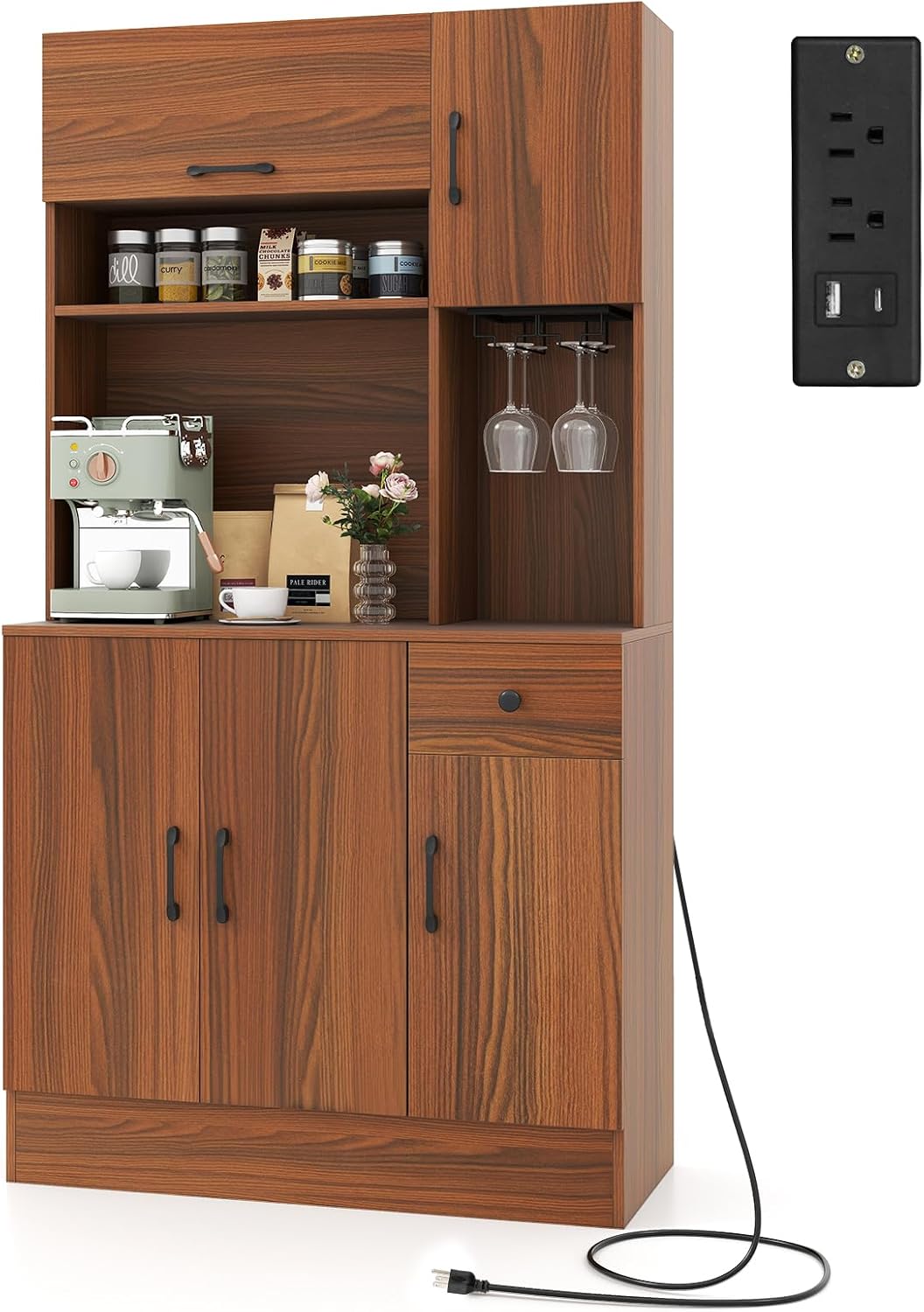 Giantex Kitchen Pantry Cabinet with Charging Station, 66" Hutch Cabinet w/Microwave Stand, Storage Drawer, Adjustable Shelves & Wine Glass Holder, Buffet Cupboard for Coffee Bar, Living Room, Walnut