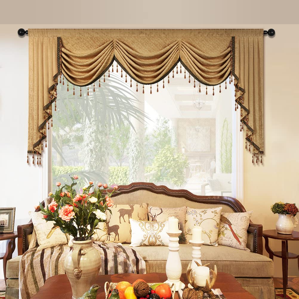 ELKCAJacquard Luxury Waterfall Valance with Luxury Beads Yellow Window Curtains Valance for Living Room,Rod Pocket,1 Panel (Yellow, W98inch)