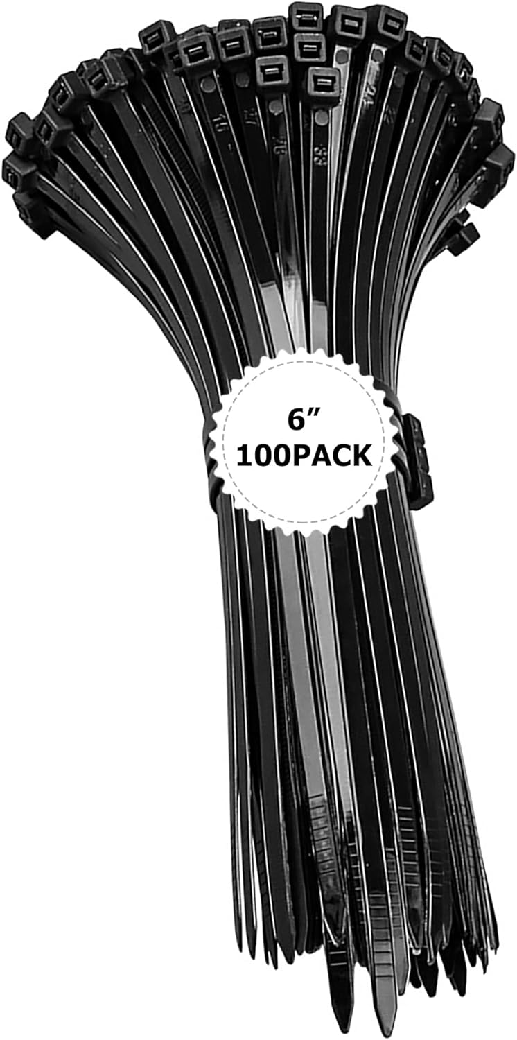 Zip Ties 6 inch Black Zip Ties 100 Pack, Wire Ties with 50lb Tensile Strength, UV Resistant Cable Ties, Self-locking Plastic Ties for Indoor and Outdoor Use, by Tantti