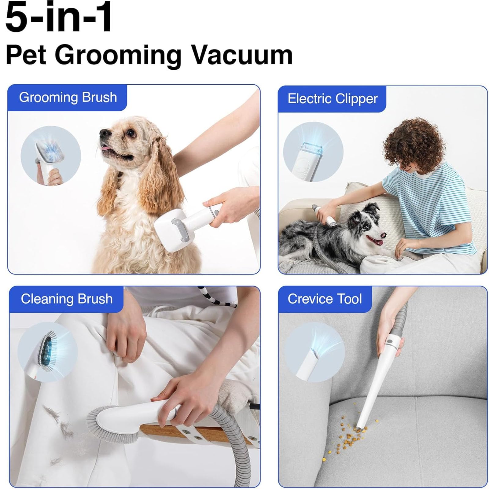 Aspiradora 5 En 1 para Perros, Silenciosa Y con Función De Eliminación De Pelo Suelto para Perros Y Gatos, con Soporte, Cepillo Y Aspiradora