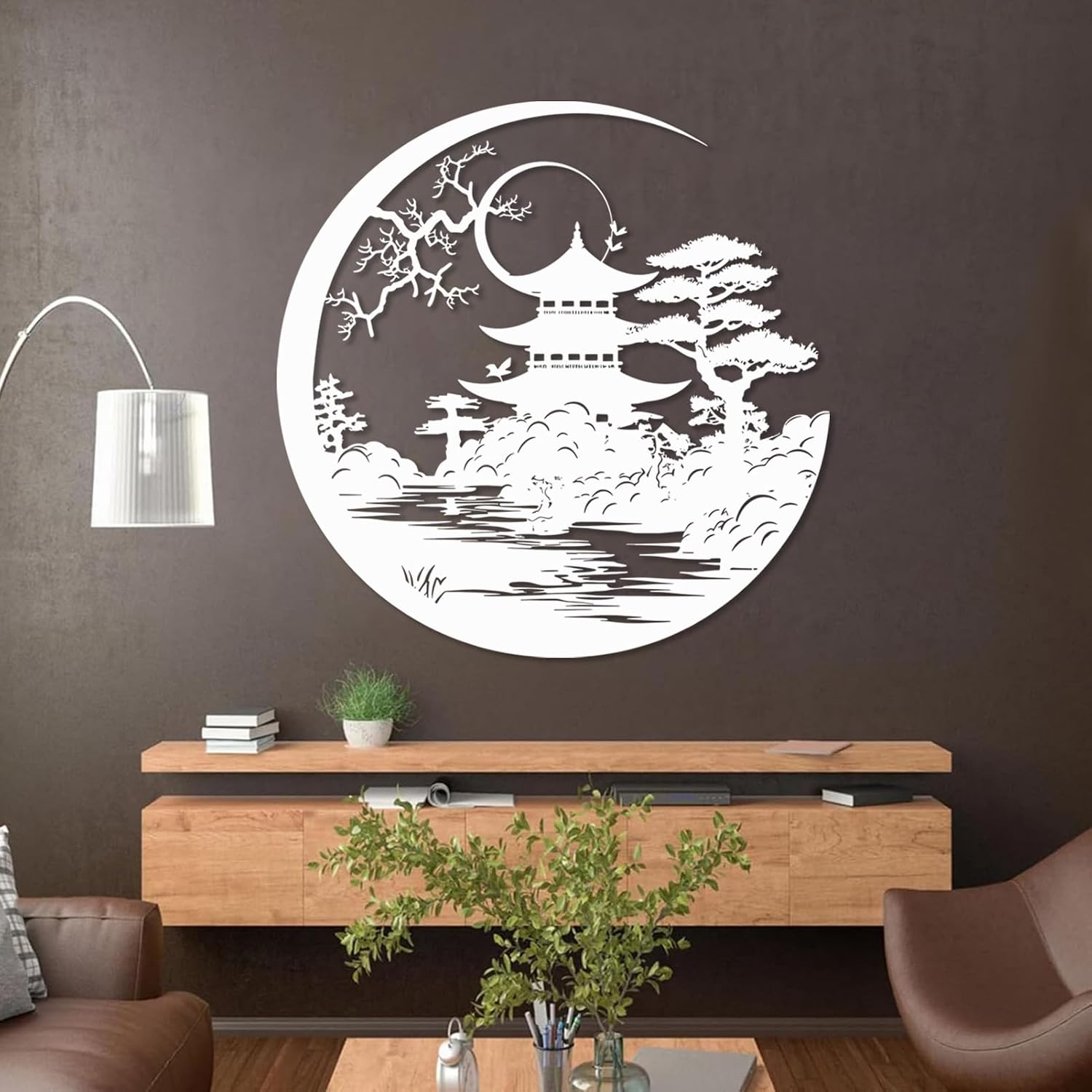 SZI Japanese Metal Wall Art, Bonsai Tree & Torii Gate Design, Japanese Garden Decor for Living Room, Bedroom, or Office, Unique Cultural Gifts & Asian-Inspired Wall Decor (White, 32"x32"|80x80cm)