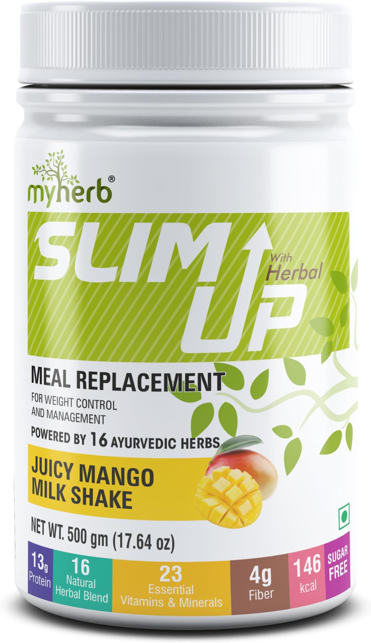 Slim Up Meal Replacement Shake With 16 Natural Herbal Blend (Ayurvedic Formula) For Weight Control&Management-13.5g Protein-23 Vitamins For Men&Women (Juicy Mango Milk Shake, 500 gm)