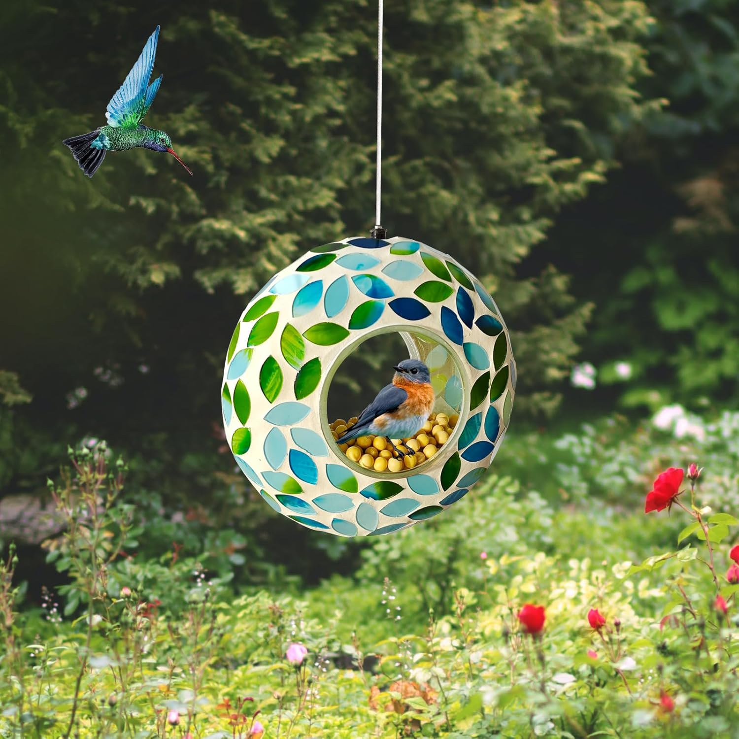 Bird Feeder Mosaic Fly Through Bird Feeder for Outside Hanging with Round Shape Glass Feeders to Attract Wild Birds for Garden, Deck, Yard, Backyard and Porch Decor, 6.8-Inch