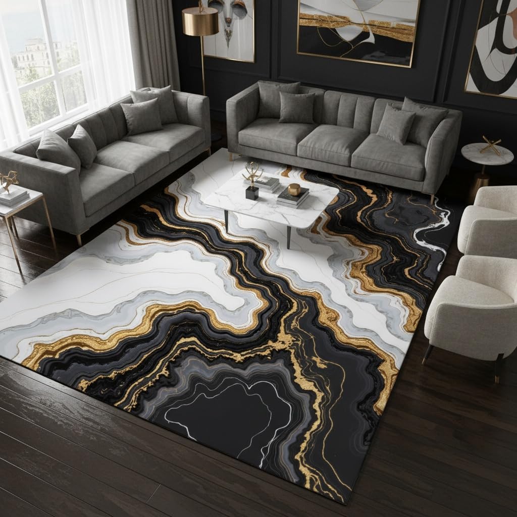 Alfombra moderna ondulada estética, color negro, gris, dorado, abstracto, de mármol, 7 x 9, que no se desprende, suave, cómoda, duradera, para sala de estar, dormitorio, comedor, interior, hogar, oficina, dormitorio, alfombras de pelo bajo