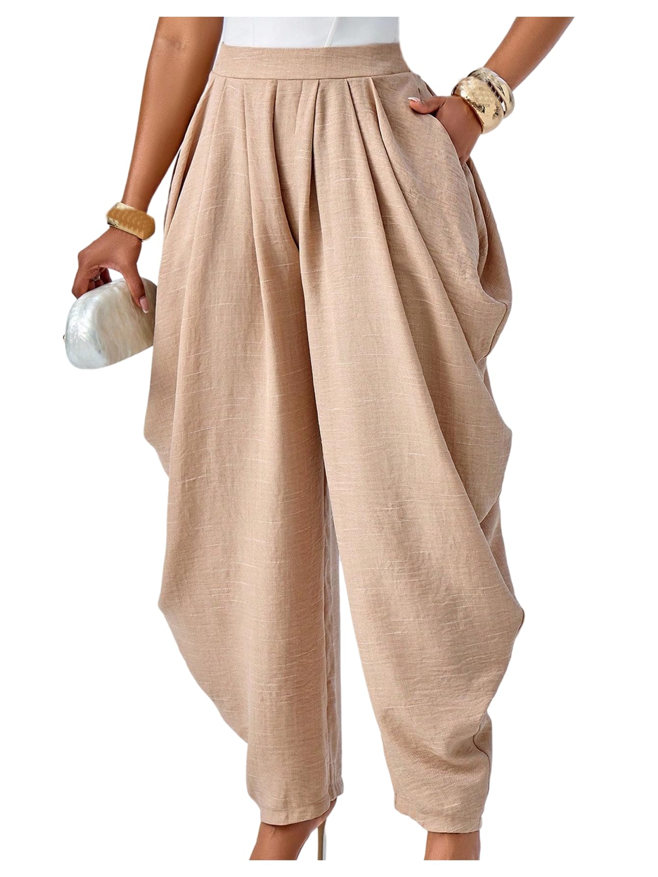 Floerns Womens Elastic Waisted Carrot Pants Ruched Casual Lounge Travel Pants Trousers