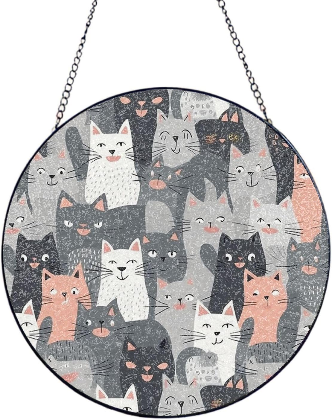 Stained Glass Window Hanging Cute Funny Grey Cats Pattern Sun Catchers Indoor Outdoor Decor Window Suncatcher Door Garden Sunroom Sun Catcher Home Decor Birthday Christmas for Mom Men