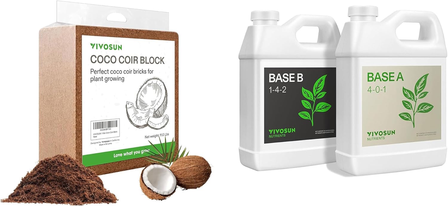VIVOSUN Coco Coir Brick and Plant Food Nutrients Base A(4-0-1) & B(1-4-2) Bundle, All Purpose Liquid Fertilizer, Hydroponic Plant Food Supports Vegetative and Flowering Stages for Outdoor & I
