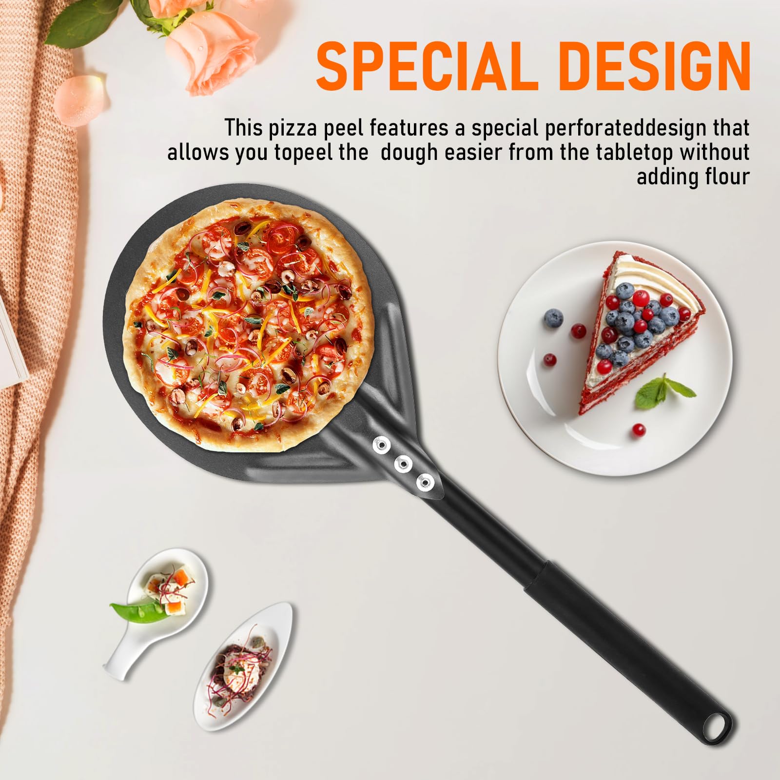 Espátula perforada para pizza de 6 pulgadas, espátula de pizza de mango largo, espátula de pizza de metal para interiores y exteriores (6 pulgadas) 7