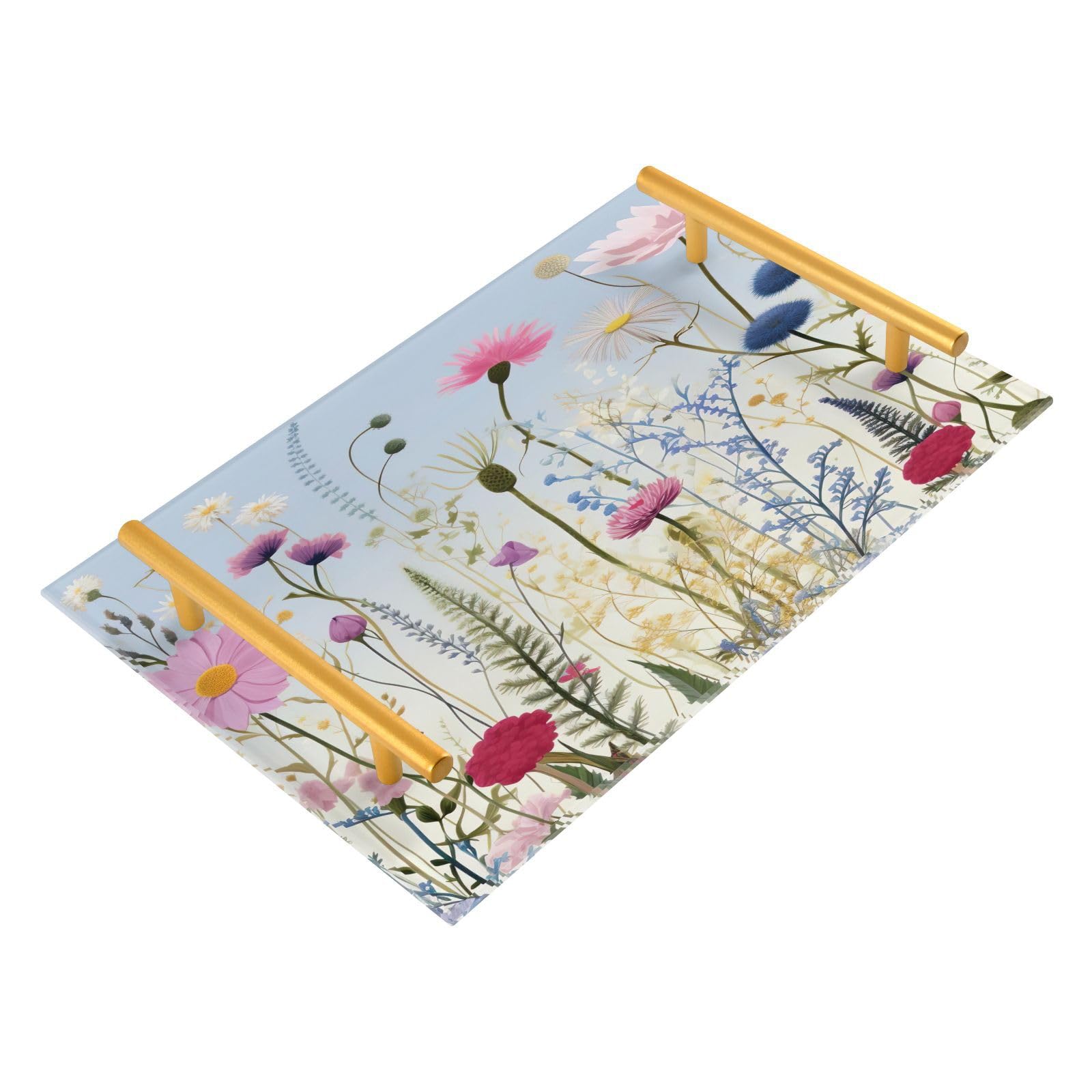 Wassud Bathroom Vanity Tray with Handles Colorful Spring Floral Acrylic Jewelry Perfume Organizer for Bathroom Kitchen Counter 11.81